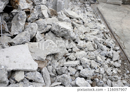 Piles of rubble after house demolition Piles of rubble after house demolition 116097907