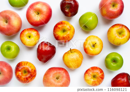 Variety of fresh apples on white background. 116098121