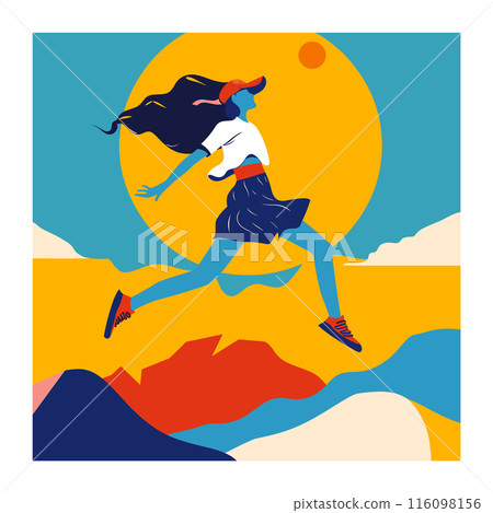 Young woman running energetically through colorful abstract landscape. Sportswear, cap, sneakers, dynamic pose, flowing hair, sunset background. Female jogger, exercise, fitness, nature vibrant Young woman running energetically through colorful abstract landscape. Sportswear, cap, sneakers, dynamic pose, flowing hair, sunset background. Female jogger, exercise, fitness, nature vibrant 116098156