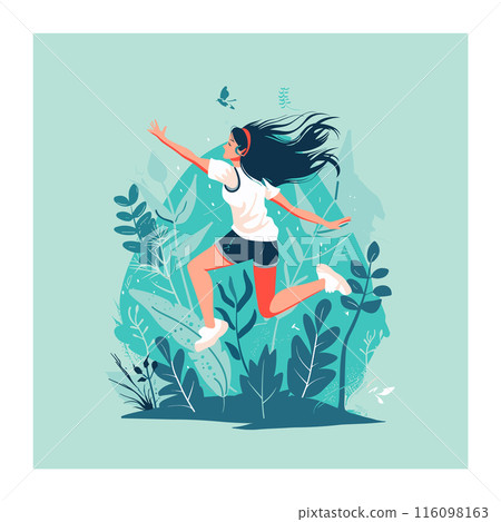 Young woman enjoying freedom nature, arms outstretched hair flowing, amidst green foliage butterfly. Female runner leaping joyfully, wearing casual sportswear, expressing joy vitality outdoors Young woman enjoying freedom nature, arms outstretched hair flowing, amidst green foliage butterfly. Female runner leaping joyfully, wearing casual sportswear, expressing joy vitality outdoors 116098163