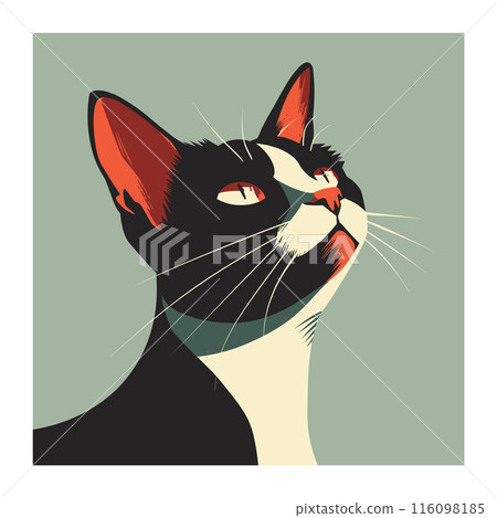 Black white cat illustration looking up, whiskers eyes detailed, green background. Closeup feline face modern art style, distinctive red ears, graphic design. Intrigued cat gaze, stylized pet Black white cat illustration looking up, whiskers eyes detailed, green background. Closeup feline face modern art style, distinctive red ears, graphic design. Intrigued cat gaze, stylized pet 116098185