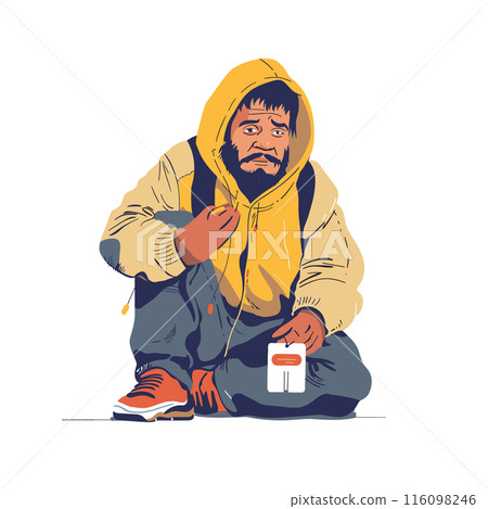 Man squatting down, looking tired distressed, holding onto yellow hoodie strings. Middleaged bearded male cartoon, dressed yellow jacket, blue pants, red shoes while posing small red white object Man squatting down, looking tired distressed, holding onto yellow hoodie strings. Middleaged bearded male cartoon, dressed yellow jacket, blue pants, red shoes while posing small red white object 116098246