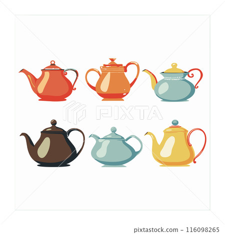 Collection six colorful teapots, unique design, showcased against white background. Different styles shapes teapots, ranging traditional modern, vibrant colors. Kitchenware items serving tea, flat Collection six colorful teapots, unique design, showcased against white background. Different styles shapes teapots, ranging traditional modern, vibrant colors. Kitchenware items serving tea, flat 116098265