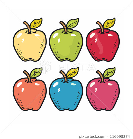 Six colorful apples cartoon style drawing, unique color yellow, green, red, orange, blue, pink. Fresh fruit illustration, handdrawn apples isolated white background, leaf detail Six colorful apples cartoon style drawing, unique color yellow, green, red, orange, blue, pink. Fresh fruit illustration, handdrawn apples isolated white background, leaf detail 116098274