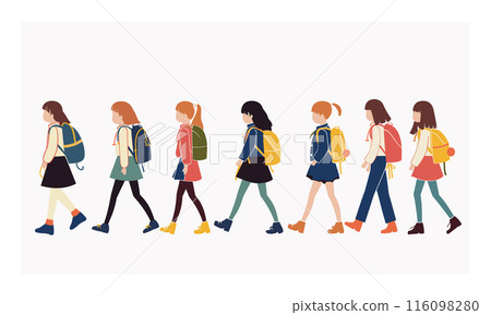 Side view diverse young female students walking, wearing casual clothes carrying backpacks, girl illustrated distinct pose, suggesting motion individuality. Pastel color palette, simple flat vector 116098280