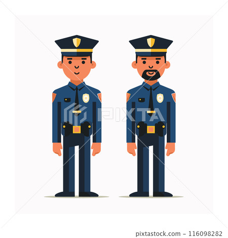 Two police officers standing side side, male, smiling, cartoon representation, ethnic diversity shown. Officers wearing blue uniforms, gold badges, belts, standing confidently, friendly law Two police officers standing side side, male, smiling, cartoon representation, ethnic diversity shown. Officers wearing blue uniforms, gold badges, belts, standing confidently, friendly law 116098282