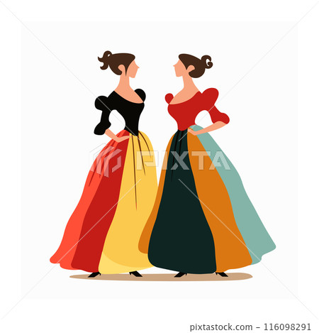 sachin and babi light blue dress Two elegant women wearing vintage dresses... - Stock Illustration  [116098291]
