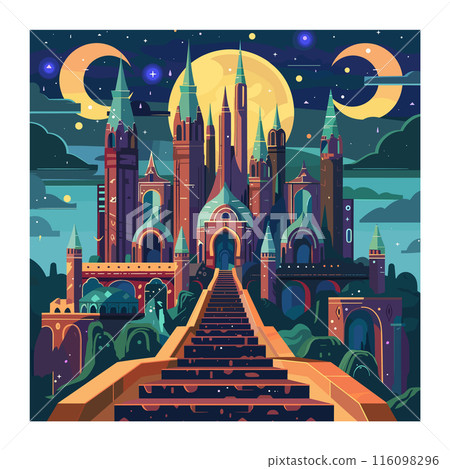 Fantasy castle illustration under night sky moon stars. Majestic palace stands atop grand staircase amidst celestial bodies. Enchanted castle graphic vibrant colors fantasy setting Fantasy castle illustration under night sky moon stars. Majestic palace stands atop grand staircase amidst celestial bodies. Enchanted castle graphic vibrant colors fantasy setting 116098296