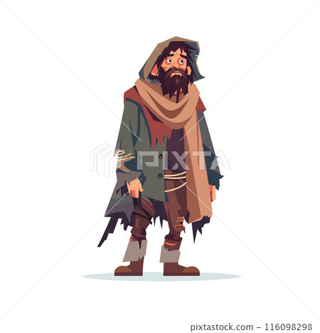Homeless man looking tired destitute, wearing tattered clothes scarf. Character appears disheveled beard, standing against plain background. Digital illustration depicts person facing hardship Homeless man looking tired destitute, wearing tattered clothes scarf. Character appears disheveled beard, standing against plain background. Digital illustration depicts person facing hardship 116098298