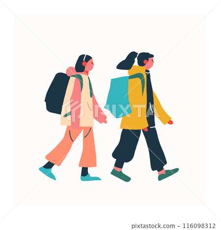 Two young adults walking side side, minimalist style, vibrant colors. Female male illustrated, casual dress, backpacks, headphones, profile view. Contemporary urban scene, friends strolling, bold Two young adults walking side side, minimalist style, vibrant colors. Female male illustrated, casual dress, backpacks, headphones, profile view. Contemporary urban scene, friends strolling, bold 116098312