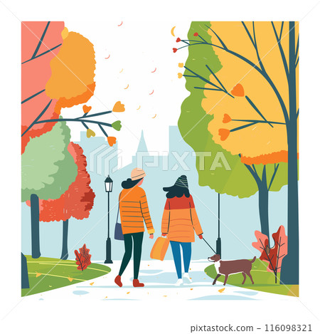 Couple walking dog autumn park, man woman enjoying fall season outdoors stroll pet. Vector illustration two people seasonal outdoor activity, colorful autumnal trees leaves, urban backdrop. Casual 116098321