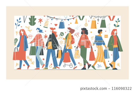 Diverse group women walking together carrying shopping bags amidst colorful backdrop embellished shopping sale icons. Women varying ethnicities shown illustration spree, woman stylish casual attire Diverse group women walking together carrying shopping bags amidst colorful backdrop embellished shopping sale icons. Women varying ethnicities shown illustration spree, woman stylish casual attire 116098322