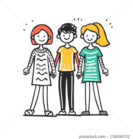 Three cartoon children standing together, smiling, happy, friendship, boys girls, colorful clothing, simple drawing style. Young friends group, diverse, joyful, stick figure illustration casual 116098332