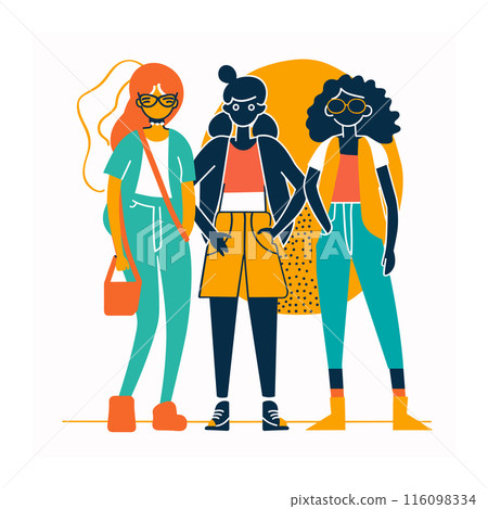 Three trendy women stand together, fashionable urban style, female friends meet up. Young adults women wear colorful casual outfits, fashion diversity, stylish streetwear, cool pose. Trendsetting 116098334
