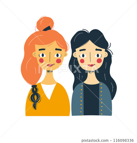 Two female characters, one orange hair bun yellow top, black hair blue cardigan, standing together, friendly. Women illustrated modern cartoon style, simple smiling faces, colorful, friendship 116098336