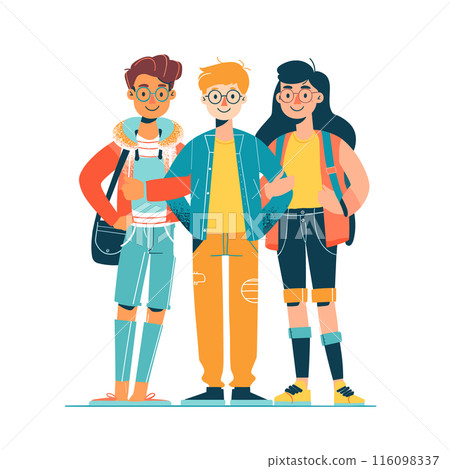 Three young adults, cartoon characters, stand together smiling, exude friendship youth. Male female characters, casual attire, glasses, bright clothes, unity, diversity, modern style Illustration 116098337