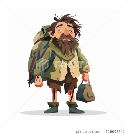 Cartoon male hiker, beard, ragged clothes, tired expression, carrying backpack bag. Illustrated weary traveler, outdoor adventure theme, heavy load. Homeless man vector, disheveled appearance Cartoon male hiker, beard, ragged clothes, tired expression, carrying backpack bag. Illustrated weary traveler, outdoor adventure theme, heavy load. Homeless man vector, disheveled appearance 116098341
