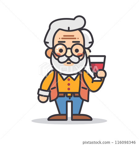 Elderly cartoon professor holding wine glass cheers gesture. Senior animated character white hair, mustache, glasses, vest, buttonup shirt. Friendly old man casual attire enjoying drink Elderly cartoon professor holding wine glass cheers gesture. Senior animated character white hair, mustache, glasses, vest, buttonup shirt. Friendly old man casual attire enjoying drink 116098346