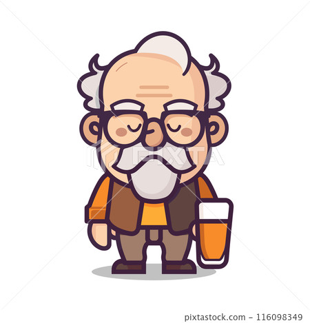 Elderly cartoon scientist holding beaker, wearing glasses. Cartoon grandpa white beard, lab coat over orange shirt, science. Grumpy old man glasses, science vector Elderly cartoon scientist holding beaker, wearing glasses. Cartoon grandpa white beard, lab coat over orange shirt, science. Grumpy old man glasses, science vector 116098349