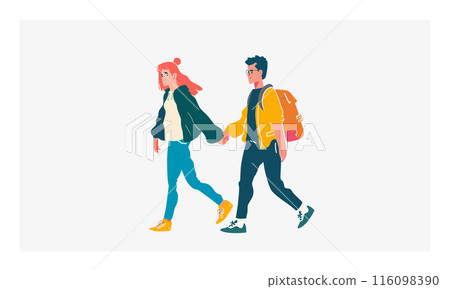 Young couple walking together holding hands, casual clothing. Man woman backpack beanie, stylized modern illustration. Vibrant colors, youthful characters, plain background, leisure activity 116098390