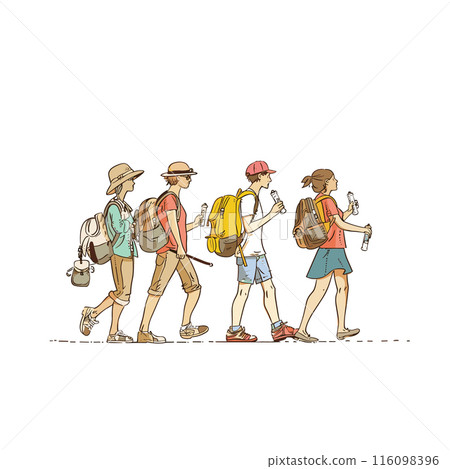 Four young adults hiking enjoying nature walk outdoors, male female backpackers trekking. Group friends walking together, casual exploration, outdoor adventure. Illustration hikers, backpack 116098396