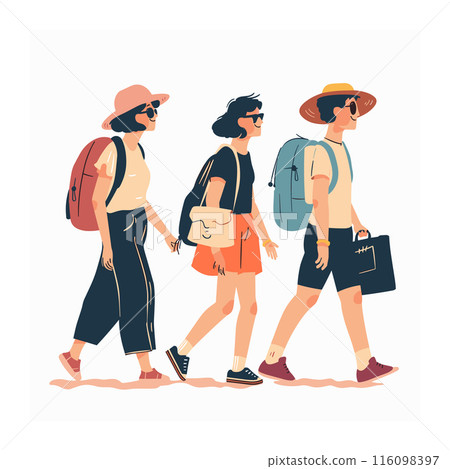 Three people walking side side, two women one man, dressed casual summer clothes carrying. Travelers walking together, man holding laptop, women backpacks, enjoying 116098397
