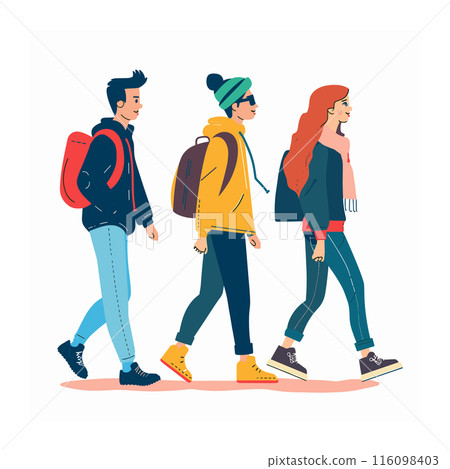 Three young adults walking side side, stylish urban winter fashion, casual backpacks. Male females stepping forward, vibrant colors, youthful vibe, dynamic group illustration. Modern flat design Three young adults walking side side, stylish urban winter fashion, casual backpacks. Male females stepping forward, vibrant colors, youthful vibe, dynamic group illustration. Modern flat design 116098403