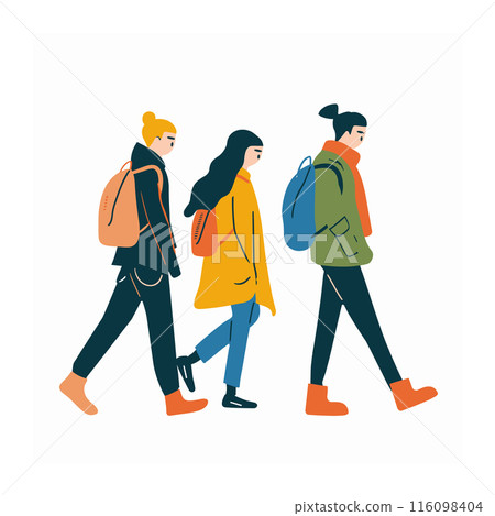 Three young people walking side side, minimalist style, modern casual attire. Diverse group friends, stylized illustration, cool colors, urban lifestyle vibe. Male female characters, abstract Three young people walking side side, minimalist style, modern casual attire. Diverse group friends, stylized illustration, cool colors, urban lifestyle vibe. Male female characters, abstract 116098404