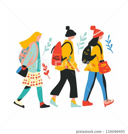 Three young women walking together, trendy fashion, casual style. Female friends stroll, colorful clothes, abstract floral patterns. Diverse group girls, leisure activity, friendship concept Three young women walking together, trendy fashion, casual style. Female friends stroll, colorful clothes, abstract floral patterns. Diverse group girls, leisure activity, friendship concept 116098405