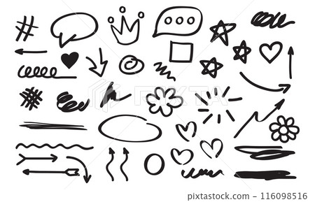 Hand drawn marker pen strokes doodle design elements, black on white isolated background. Hand drawn marker pen strokes doodle design elements, black on white isolated background. 116098516