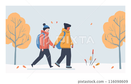 Two people walking through snowy park holding hands, dressed winter clothes, under autumn trees. Male female warm jackets enjoying leisurely stroll outdoors during cold weather. Characters seasonal 116098609