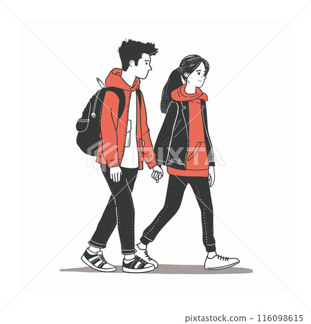 Young couple walking side side, both wearing casual red jackets sneakers. Male female characters holding hands, modern, isolated white background. Trendy youths outdoor casual wear 116098615