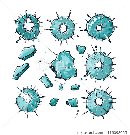 Glass shattering cartoon effect collection depicted, breaking window graphics. Cracked glass pieces flying outward, comic book style destruction. Transparent blue shattered glass, dynamic breakage 116098635