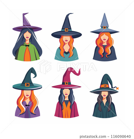 Set six witch characters wearing various colored robes hats. Witches different hair colors styles, magical theme, Halloween costumes. Cartoon witches, diverse designs, fantasy illustration 116098640
