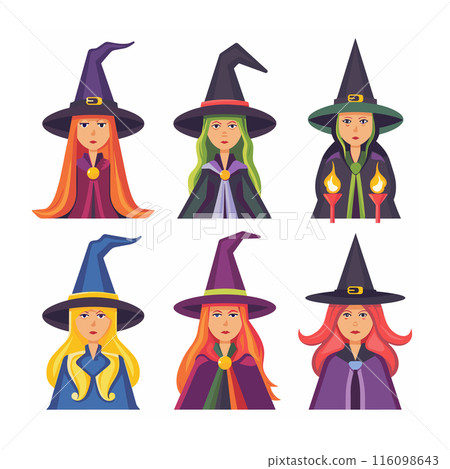 Six cartoon witches wearing colorful robes hats, showing different hair colors expressions. Female witches distinctive hairstyles brooches, illustrated whimsical, bright style, white background Six cartoon witches wearing colorful robes hats, showing different hair colors expressions. Female witches distinctive hairstyles brooches, illustrated whimsical, bright style, white background 116098643