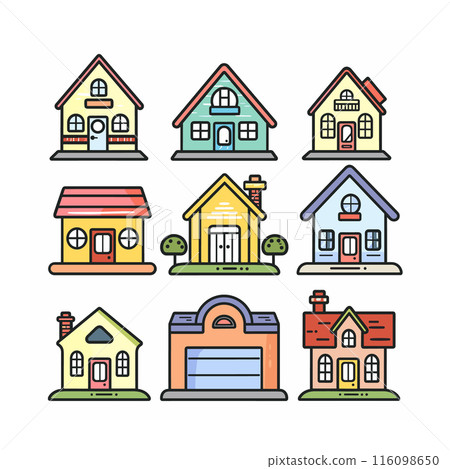 Collection colorful houses, various architecture styles, simple linear design. Residential buildings, real estate icons, front view, vibrant colors. Flat style suburban homes, cartoon houses 116098650