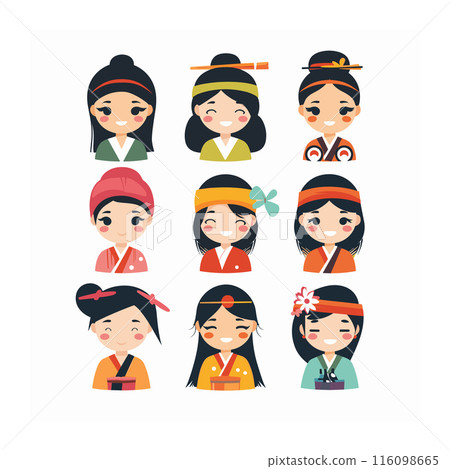 Assorted Asian female characters traditional outfits expressing happiness culture. Diverse hairstyles, clothing, accessories represent distinct Asian identities femininity. Smiling women convey 116098665