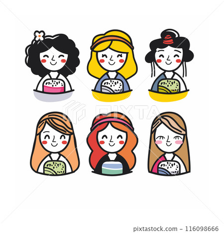 Six cartoon women enjoying diverse desserts, showing unique hairstyles happy expressions. Cute diverse characters eating sweets, featuring various ethnicities fashion styles. Animated female figures Six cartoon women enjoying diverse desserts, showing unique hairstyles happy expressions. Cute diverse characters eating sweets, featuring various ethnicities fashion styles. Animated female figures 116098666