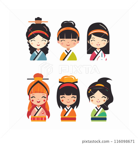 Six animated characters reflecting Asian culture, distinct hairstyle traditional attire. Cheerful expressions colorful clothing details suggest cultural diversity, perfect educational content Six animated characters reflecting Asian culture, distinct hairstyle traditional attire. Cheerful expressions colorful clothing details suggest cultural diversity, perfect educational content 116098671