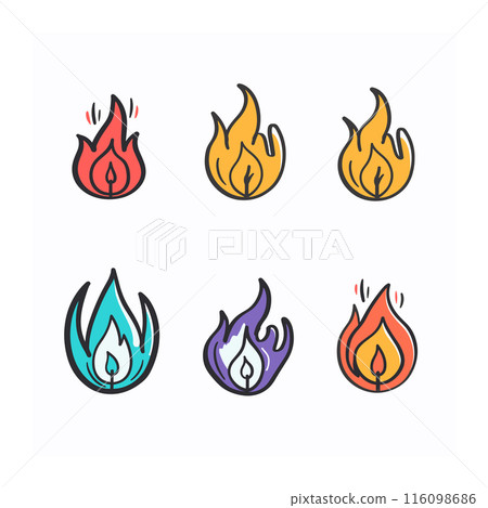Six fire flames cartoon vector illustrations displayed separately. Colorful fire icons showing stylized flames red, yellow, blue, purple. Different shapes flame icons graphic designs isolated white 116098686