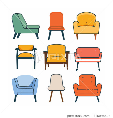 Collection various chairs different styles colors. Furniture design elements suitable interior decoration. Brightly colored seating options modern home decor 116098698