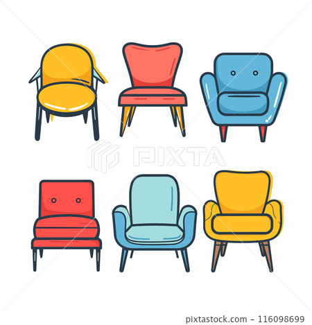 Six colorful midcentury modern chairs illustration, chair showcases unique style color, ideal interior design. Vibrant elements perfect home decor graphic furniture store icon set 116098699