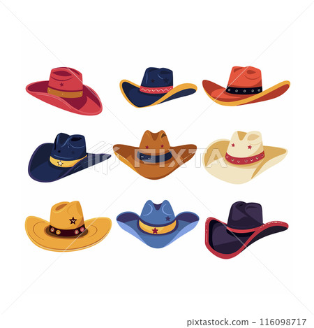 Collection diverse cowboy hats vector illustration isolated white background. Colorful western hats design variety, fashion accessories cowboy costume. Cartoon style hats, different shapes 116098717