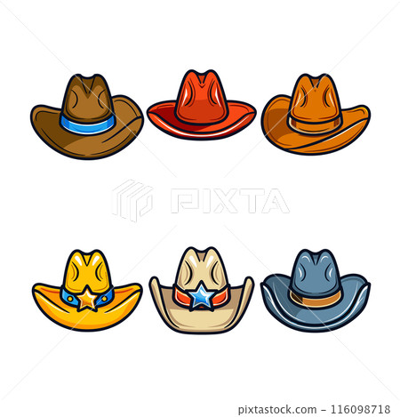 Colorful cowboy hats vector illustration isolated white background. Assorted cowboy hats showing variety colors designs, western theme headwear graphic. Cartoon style hats, fashion accessories 116098718