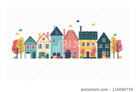 Stylized colorful houses trees serene neighborhood quaint town. Row various buildings cute urban scene flat design. Fall ambiance peaceful village pastel hues home exterior 116098739