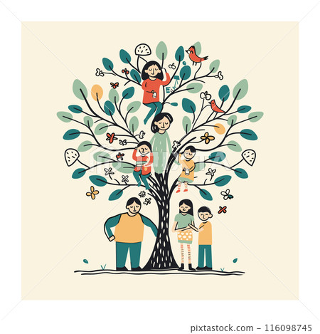 Family tree illustration multiple generations. Cartoon people various ages, genders, ethnicities gathered around tree. Whimsical design, colorful leaves flowers, happy expressions 116098745