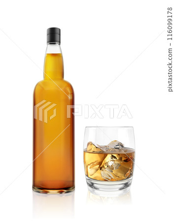 Realistic whiskey glass and bottle. Traditional alcohol drink bottles mockup. Brandy, scotch brown beverage bottles. transparent background 116099178