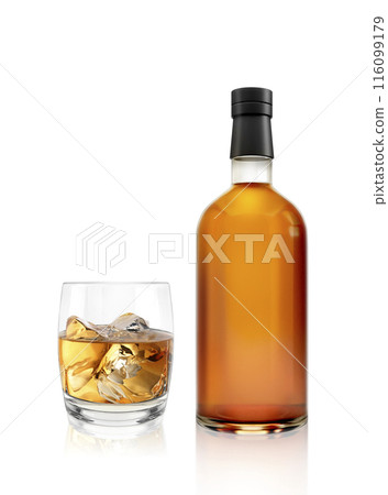 Realistic whiskey glass and bottle. Traditional alcohol drink bottles mockup. Brandy, scotch brown beverage bottles. transparent background 116099179