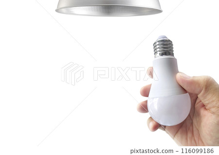 closeup hand changing an electric light bulb, transparent background 116099186