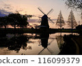 Windmill silhouette against the setting sun 116099379